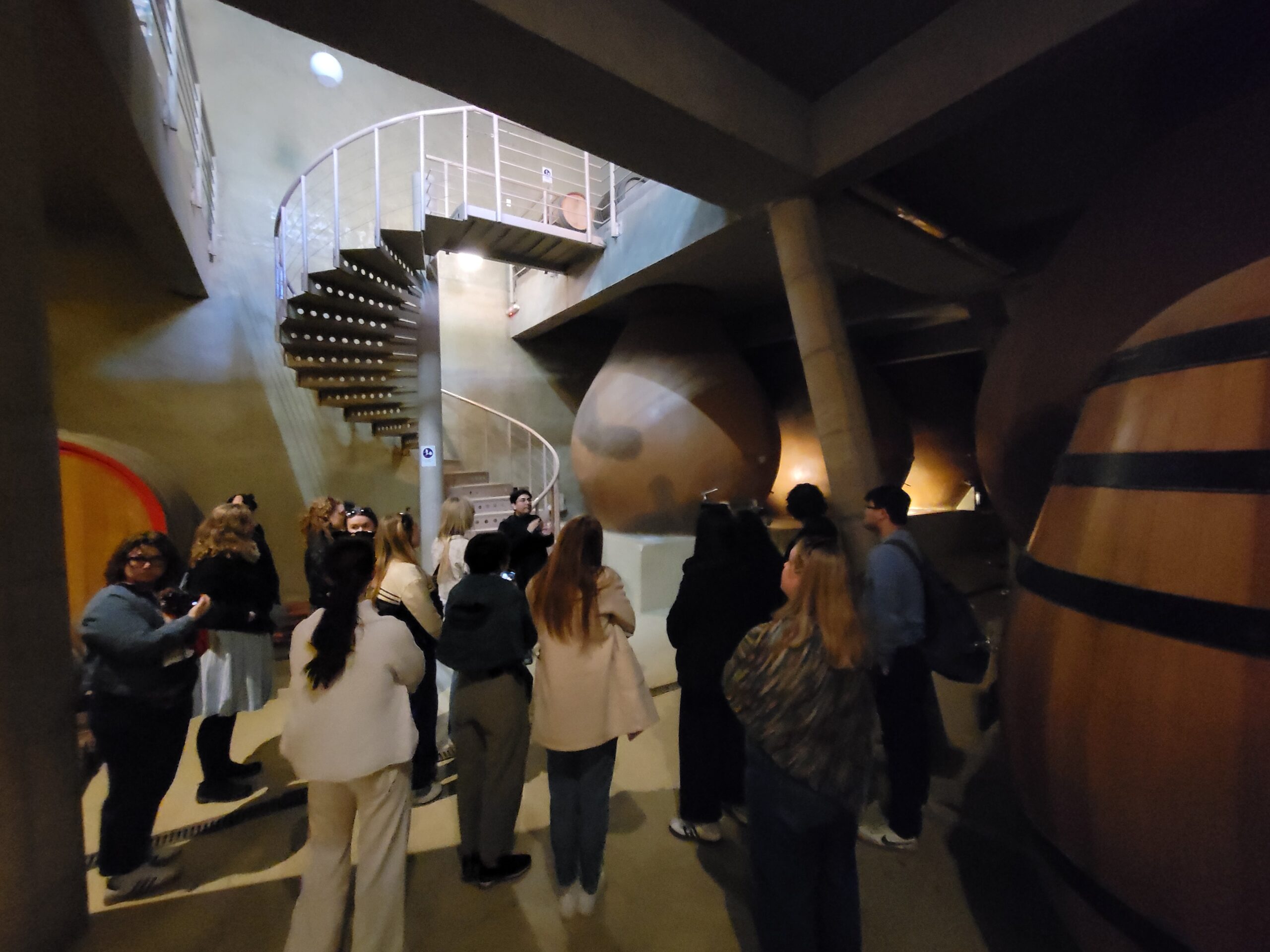 Students learn about the wine-making process on a tour at Bodegas RE in Chile